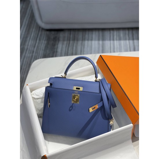 Hermes Hermès Kelly 28 Epsom Blue Gold Hardware Hand-Stitched