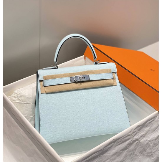 Hermes Hermès Kelly 28 Epsom Light Blue Silver Hardware Hand-Stitched