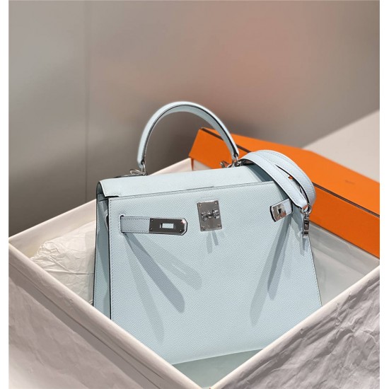 Hermes Hermès Kelly 28 Epsom Light Blue Silver Hardware Hand-Stitched