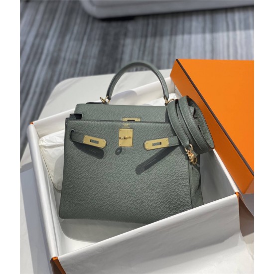 Hermes Hermès Kelly 25 Togo Grey Blue Gold Hardware Hand-Stitched