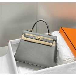 Hermes Hermès Kelly 25 Togo Light Grey Blue Gold Hardware Hand-Stitched