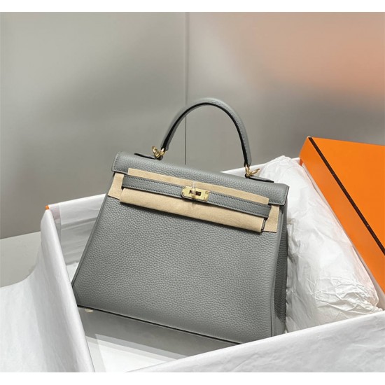 Hermes Hermès Kelly 25 Togo Light Grey Blue Gold Hardware Hand-Stitched