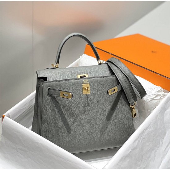 Hermes Hermès Kelly 25 Togo Light Grey Blue Gold Hardware Hand-Stitched