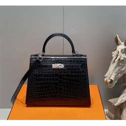 Hermes Hermès Kelly 25 Crocodile Skin Pattern Lambskin Inside Black Silver Hardware Hand-Stitched