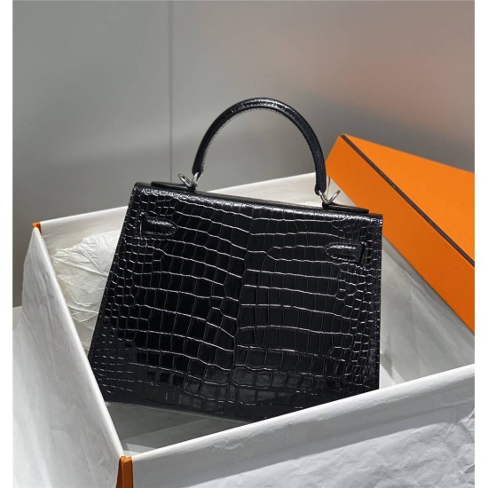 Hermes Hermès Kelly 28 Crocodile Skin Pattern Lambskin Inside Black Silver Hardware Hand-Stitched