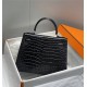 Hermes Hermès Kelly 28 Crocodile Skin Pattern Lambskin Inside Black Silver Hardware Hand-Stitched