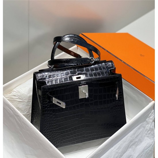 Hermes Hermès Kelly 28 Crocodile Skin Pattern Lambskin Inside Black Silver Hardware Hand-Stitched