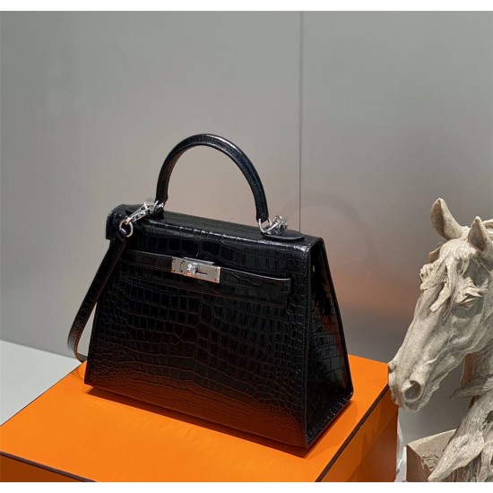 Hermes Hermès Kelly 28 Crocodile Skin Pattern Lambskin Inside Black Silver Hardware Hand-Stitched