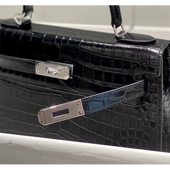 Hermes Hermès Kelly 28 Crocodile Skin Pattern Lambskin Inside Black Silver Hardware Hand-Stitched