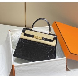 Hermes Hermès Kelly 25 Crocodile Skin Pattern Lambskin Inside Black Gold Hardware Hand-Stitched