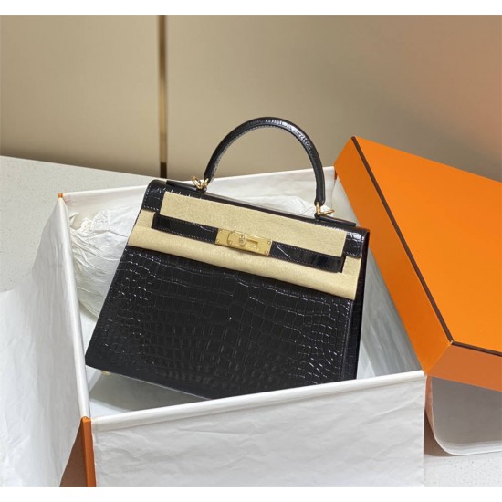 Hermes Hermès Kelly 25 Crocodile Skin Pattern Lambskin Inside Black Gold Hardware Hand-Stitched