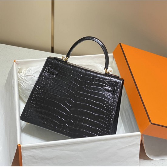 Hermes Hermès Kelly 25 Crocodile Skin Pattern Lambskin Inside Black Gold Hardware Hand-Stitched