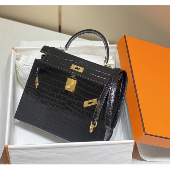 Hermes Hermès Kelly 25 Crocodile Skin Pattern Lambskin Inside Black Gold Hardware Hand-Stitched