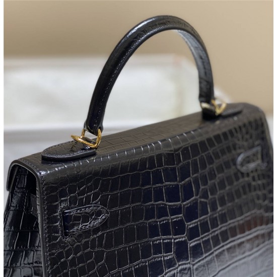 Hermes Hermès Kelly 25 Crocodile Skin Pattern Lambskin Inside Black Gold Hardware Hand-Stitched