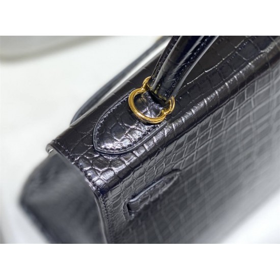 Hermes Hermès Kelly 25 Crocodile Skin Pattern Lambskin Inside Black Gold Hardware Hand-Stitched