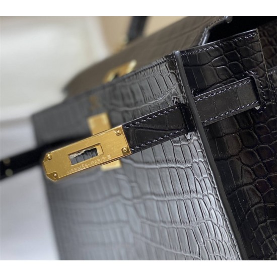 Hermes Hermès Kelly 28 Crocodile Skin Pattern Lambskin Inside Black Gold Hardware Hand-Stitched