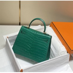 Hermes Hermès Kelly 25 Crocodile Skin Pattern Lambskin Inside Green Gold Hardware Hand-Stitched