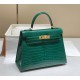 Hermes Hermès Kelly 28 Crocodile Skin Pattern Lambskin Inside Green Gold Hardware Hand-Stitched