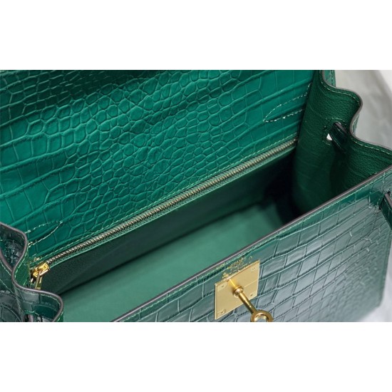 Hermes Hermès Kelly 28 Crocodile Skin Pattern Lambskin Inside Green Gold Hardware Hand-Stitched