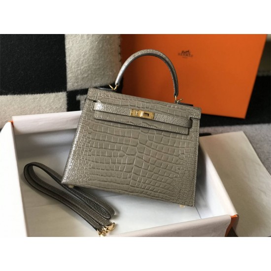 Hermes Hermès Kelly 25 Crocodile Skin Pattern Lambskin Inside Grey Gold Hardware Hand-Stitched