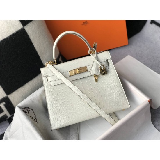 Hermes Hermès Kelly 25 Crocodile Skin Pattern Lambskin Inside White Gold Hardware Hand-Stitched