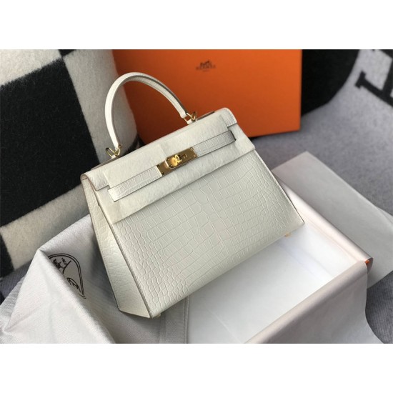 Hermes Hermès Kelly 25 Crocodile Skin Pattern Lambskin Inside White Gold Hardware Hand-Stitched