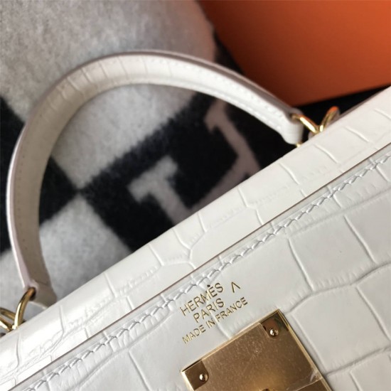 Hermes Hermès Kelly 25 Crocodile Skin Pattern Lambskin Inside White Gold Hardware Hand-Stitched