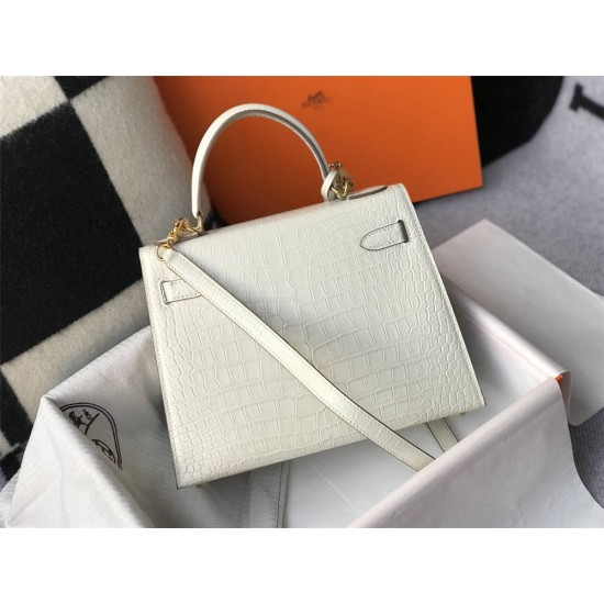 Hermes Hermès Kelly 28 Crocodile Skin Pattern Lambskin Inside White Gold Hardware Hand-Stitched