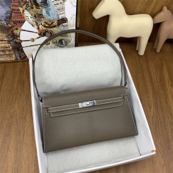 Hermes Hermès Kelly Elan 27 Goat Skin Dark Grey Silver Hardware Hand-Stitched