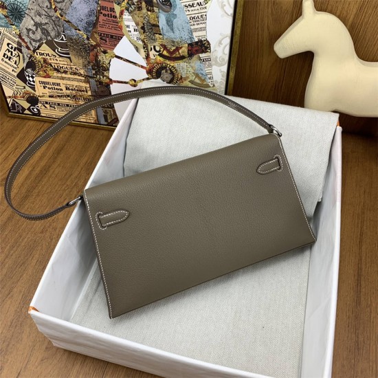 Hermes Hermès Kelly Elan 27 Goat Skin Dark Grey Silver Hardware Hand-Stitched