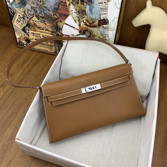 Hermes Hermès Kelly Elan 27 Goat Skin Brown Silver Hardware Hand-Stitched