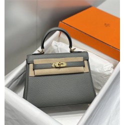 Hermes Hermès Mini Kelly 20 Togo Grey Blue Gold Hardware Hand-Stitched