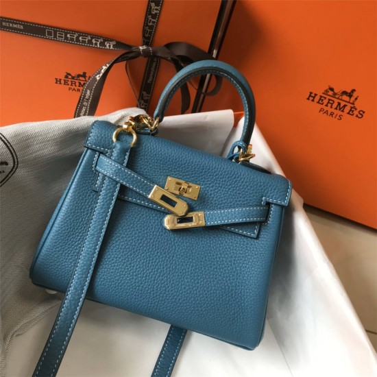 Hermes Hermès Mini Kelly 20 Togo Blue Gold Hardware Hand-Stitched