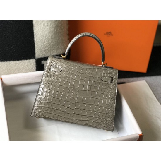 Hermes Hermès Kelly 25 Crocodile Skin Pattern Gold Hardware Grey Hand-Stitched