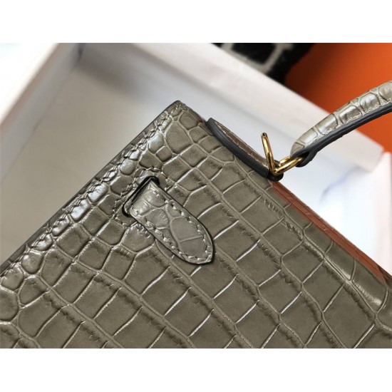 Hermes Hermès Kelly 28 Crocodile Skin Pattern Gold Hardware Grey Hand-Stitched