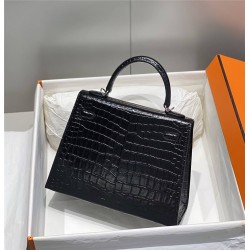 Hermes Hermès Kelly 25 Crocodile Skin Pattern Silver Hardware Black Hand-Stitched