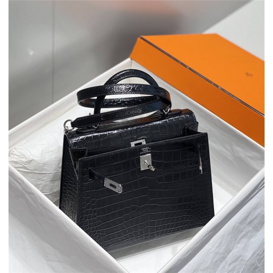 Hermes Hermès Kelly 25 Crocodile Skin Pattern Silver Hardware Black Hand-Stitched