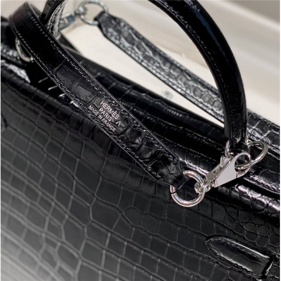 Hermes Hermès Kelly 25 Crocodile Skin Pattern Silver Hardware Black Hand-Stitched