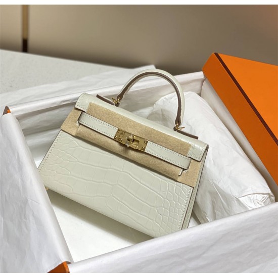 Hermes Hermès Mini Kelly 2 19 Crocodile Skin Pattern White Gold Hardware Hand-Stitched