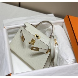 Hermes Hermès Mini Kelly 2 19 Crocodile Skin Pattern White Gold Hardware Hand-Stitched