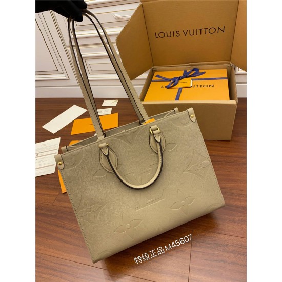 Louis Vuitton Elephant Grey Embossed ONTHEGO Small Handbag (M45607): Extra-large Monogram Print with Mini Monogram Trim, Size - 34x26x15cm