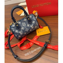 Louis Vuitton NANO SPEEDY Handbag (M81168) Blue Monogram Embossed Denim: Size - 16x10x7.5cm