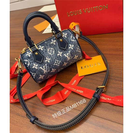 Louis Vuitton NANO SPEEDY Handbag (M81168) Blue Monogram Embossed Denim: Size - 16x10x7.5cm