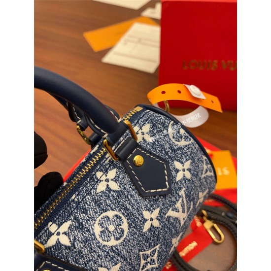 Louis Vuitton NANO SPEEDY Handbag (M81168) Blue Monogram Embossed Denim: Size - 16x10x7.5cm