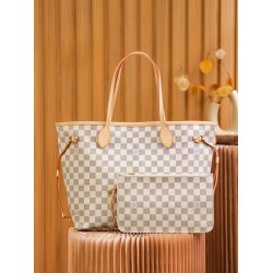 Louis Vuitton N41361 Checkered/Beige NEVERFULL Medium Handbag Damier Azur: Size - 32x28.5x17cm