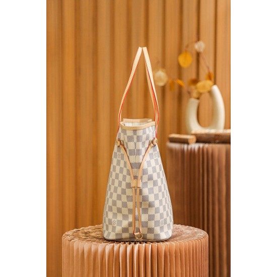 Louis Vuitton N41361 Checkered/Beige NEVERFULL Medium Handbag Damier Azur: Size - 32x28.5x17cm