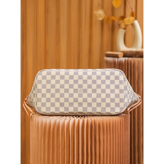 Louis Vuitton N41361 Checkered/Beige NEVERFULL Medium Handbag Damier Azur: Size - 32x28.5x17cm