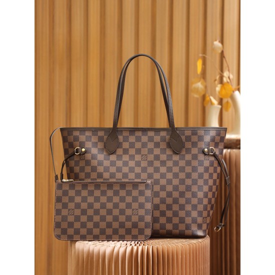 Louis Vuitton N41358 Checkered/Red NEVERFULL Medium Handbag Damier Ebène: Size - 32x28.5x17cm