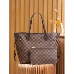 Louis Vuitton N41358 Checkered/Red NEVERFULL Medium Handbag Damier Ebène: Size - 32x28.5x17cm