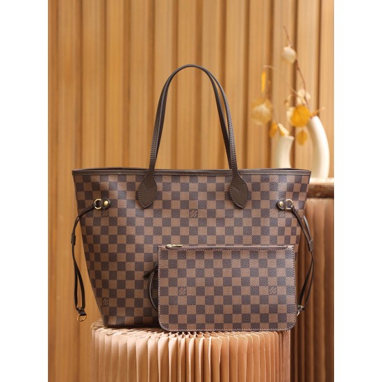 Louis Vuitton N41358 Checkered/Red NEVERFULL Medium Handbag Damier Ebène: Size - 32x28.5x17cm